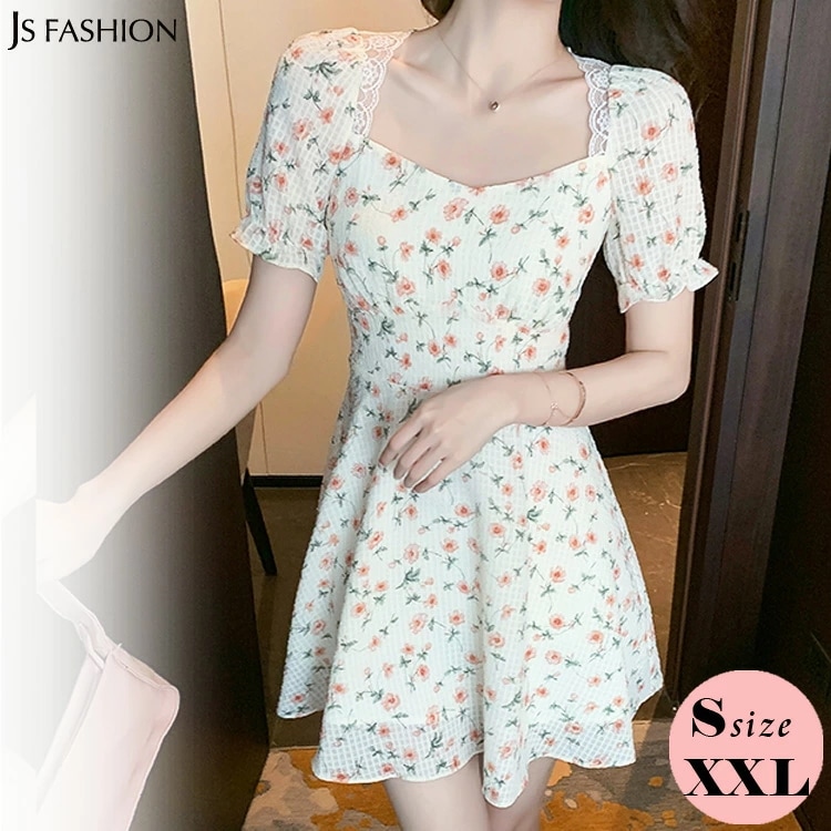 小花柄 ワンピース バックオープン シースルー レース Aライン ミニワンピ 半袖 ミニ丈 ミニワンピ 可愛い 夏ワンピ ガーリー きれいめ お出かけ 夏コーデ 春夏 春服 夏服 レディース 大きいサ