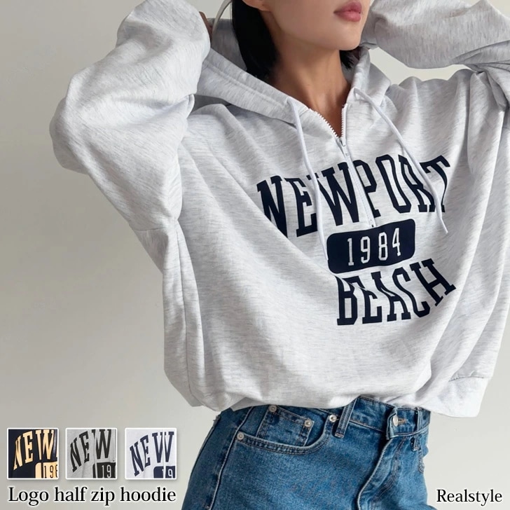 ハーフジップロゴプリントライトスウェットパーカー レディース トップス プルオーバー 薄手 春 夏 秋 冬 カットソー ロンT スエット カジュアル アメカジ ゆったり 大きめ 韓国ファッション 5,829円