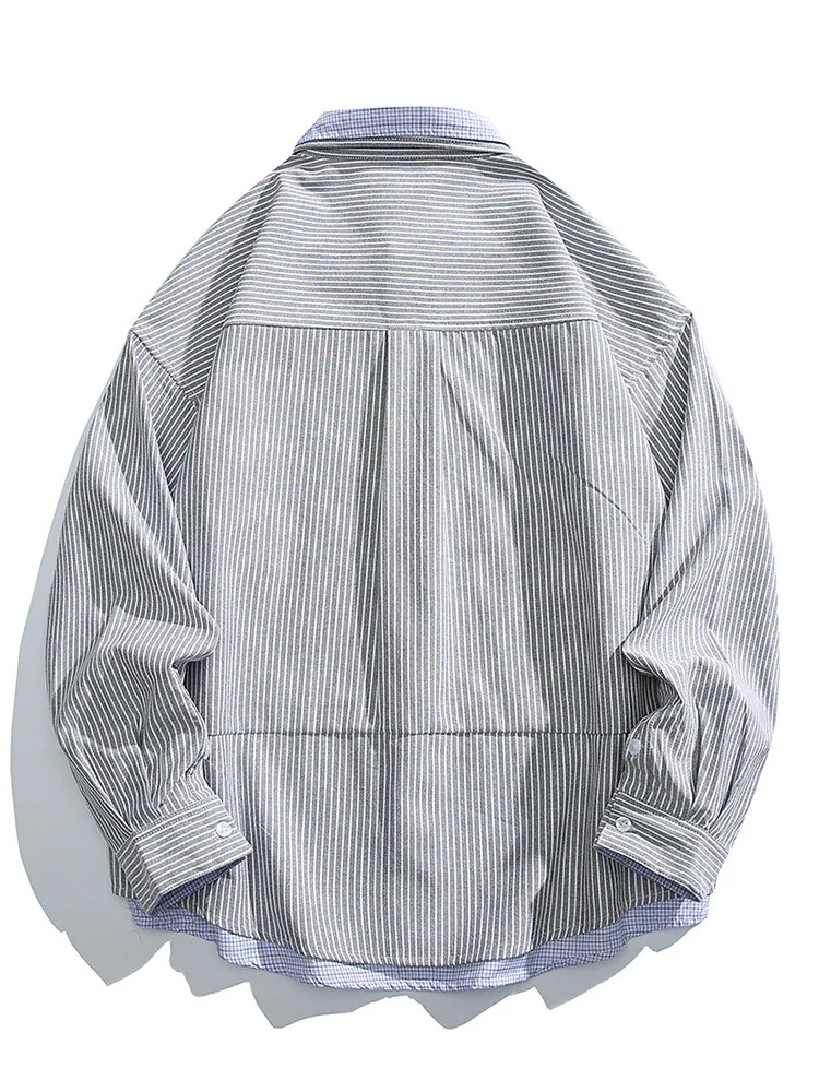 ブラウス メンズ 春と秋の新しいストライプメンズシャツ潮スプライシングフェイク2ピースシャツメンズ 長袖 韓国 メンズファッション オフィス シャツ