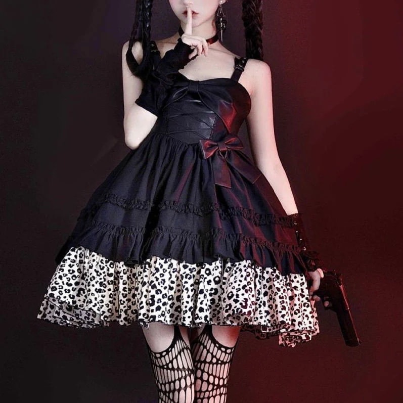 メイド服 かわいい ロリータ 二次元 クールなヒョウ柄jskキャミソールスカートダークギャルパンク風ロリータスカート