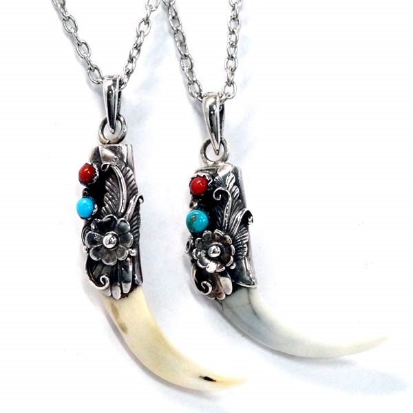 インディアンジュエリー ペンダント ネックレス 牙 牛 骨 天然石 ターコイズ レッドコーラル 花 フラワー ツタ メンズ シルバー925 白骨/黄白骨