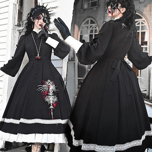 ワンピース 修道女 ロリータ ゴシック ハロウィン 魔女風 ウイッチ 魔法使い ミモレ丈 レディース ゴスロリ ハイウエスト Aライン ロリィタファッション 長袖 ロリータワンピース コスム コ