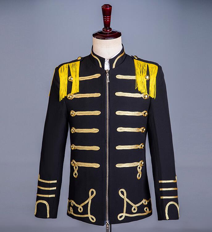 メンズ ステージ衣装 演出 ダンス用 ジャケット 大人 ヨーロッパ 西洋風 中世紀 王子様 伯爵 貴族風 礼服 衛兵 兵隊 兵士 制服 舞台衣装 黒に金 肩に黄いフリンジ長袖 立ち襟 ファスナー お