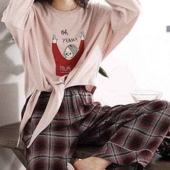パジャマ ルームウェア レディース 大きいサイズ 長袖 おうちコーデ フルレングス チェック セットアップ 上下セット イラスト 丸ネック ナイトウエア 2点セット リラックス 楽ちん 体型カバー か 5,781円
