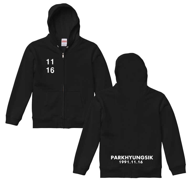 パクヒョンシク 前あき フルジップ パーカー スウェット 裏パイル 男女兼用 綿100％ ブラック 韓流 グッズ eq014-1f