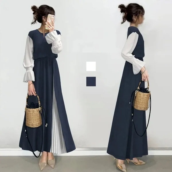 【上質】 気質アップ ナチュラル 配色 長袖 ギャザー ラウンドネック レイヤード / 重ね着風 エレガントワンピース レディース