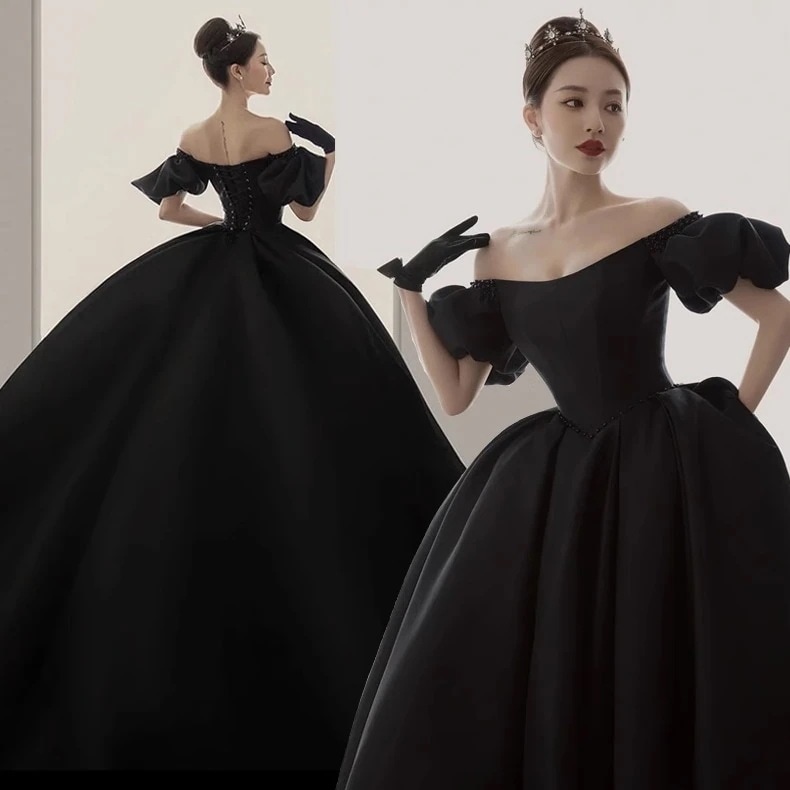 ドレス宴会写真スタジオテーマ服黒旅行写真撮影写真ドレスパフスカートサテン