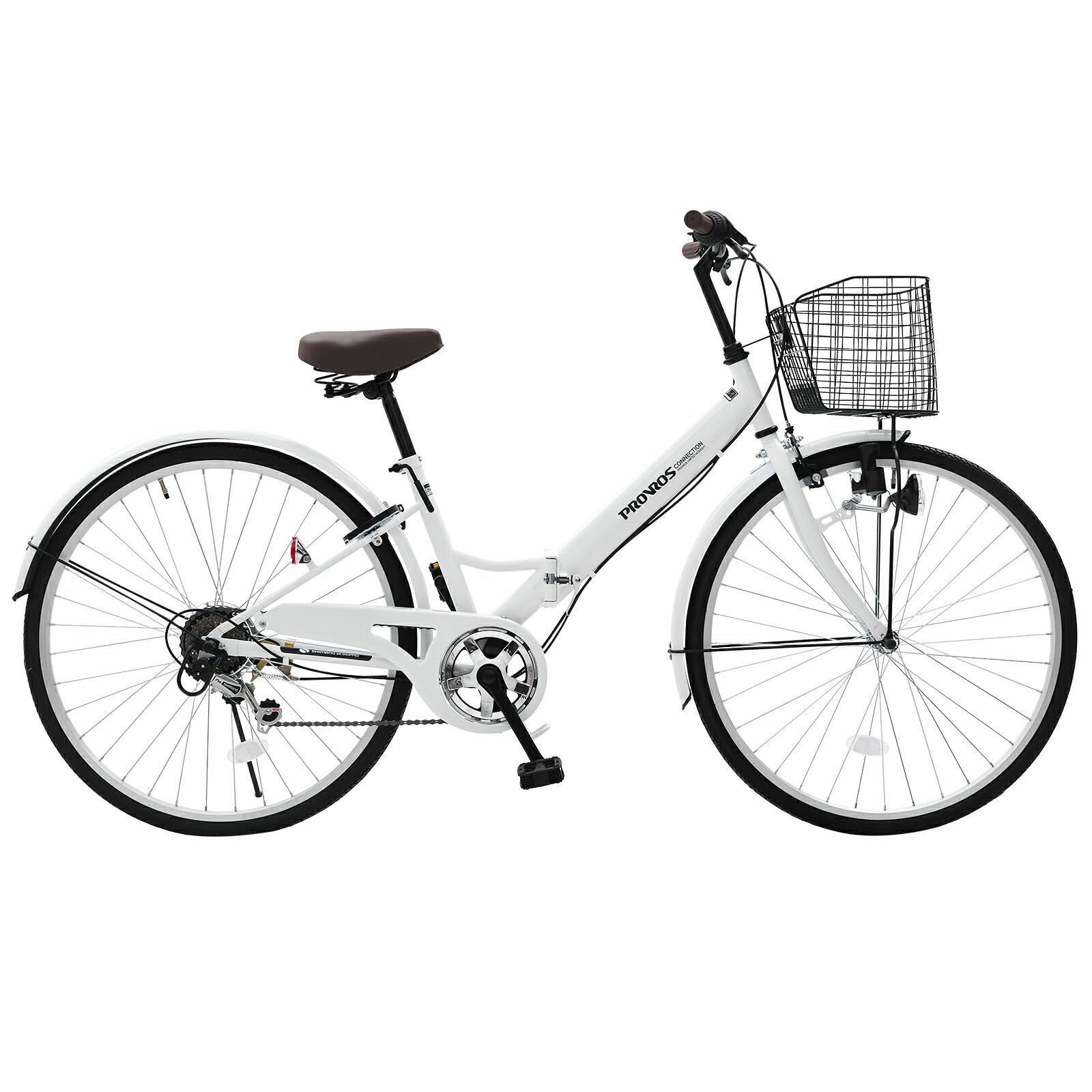 PROVROS(プロブロス) シティサイクル 折りたたみ自転車 26インチ シマノ製 6段変速ギア ママチャリ カゴ 鍵 LEDライト付き 本体 持ち運び【メーカー保証1年】P-266