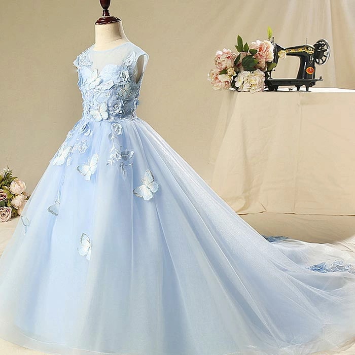 即納可能ピアノ発表会 ドレス 子供 ドレス 中学生 ワンピース キッズドレス フラワーガール ベールガール リングガール ライトブルー トレーン フラワーガール フォーマル 女の子 結婚式 入学式 に