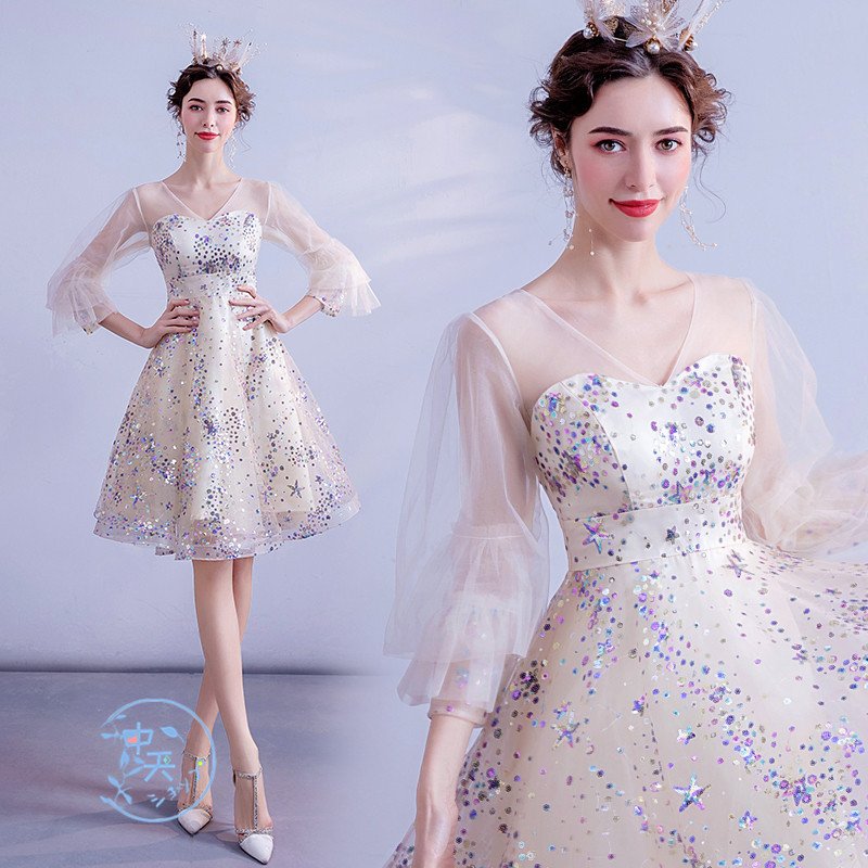 ウェディングドレス パーティードレス 花嫁ドレス プリンセスドレス 膝丈ワンピース レディース Aライン スパンコール 結婚式 パーティー 上品 きれいめ 大人