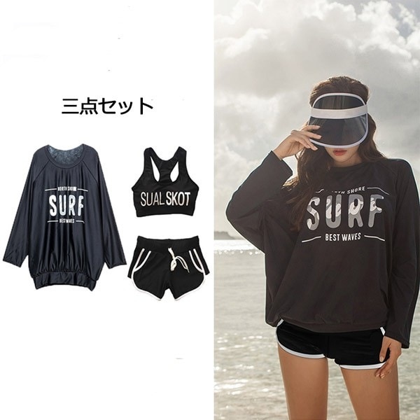 水着ラッシュガード水着セットタンキニ 30代 韓国風 水着 日焼け対策 着痩せ 大人 海 お洒落 セットアップ ブラック ビーチ スポー 体型カバー 長袖 UVカット 40代 20代 スポーティ