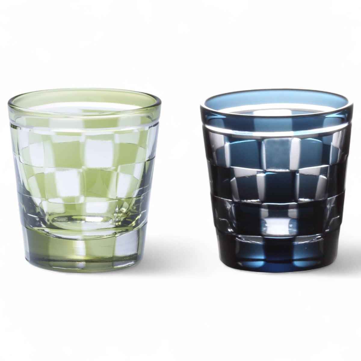 J-kitchens 水影 切子 ペア グラス カップ チェック グラス小 冷酒 盃 Φ55xH58mm 65cc 市松 グリーン & インクブルー 美匠 Current Model