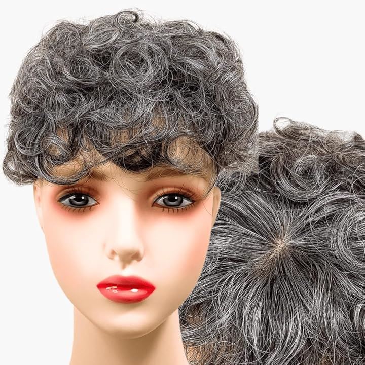部分ウィッグ かつら ヘアピース ポイントウィッグ 白髪 グレイヘアー 女性 レディース 人工毛 ショート 前髪 ストレート 前髪ウィッグ(白5黒5人毛mix, グレイヘアーパーマ)