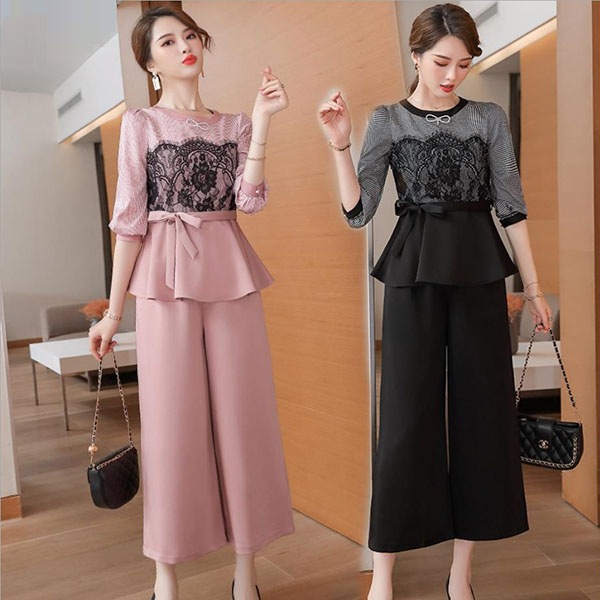 パンツスーツ レディース ピンク 2L (L寄り) 3L 即納 S M L 4L 黒 XZ-X99616 レース 七分袖 ガウチョパンツ ペプラム リボン