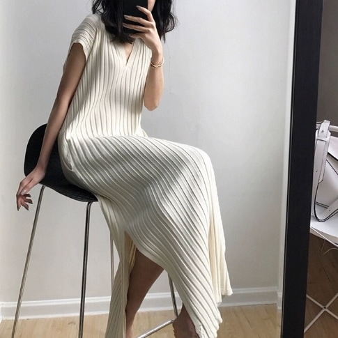 チャイナ風 レディース ワンピース ニット ロング 半袖 フレンチスリーブ Vネック ストレート Iライン スリット サマーニット かわいい 大人可愛い きれいめ シンプル カジュアル 上品 おしゃれ