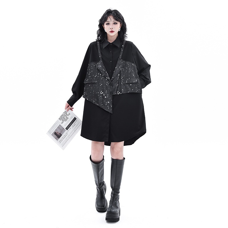 【Noir Mode】 シャツワンピース ワンピース 秋 新作 ゆったり 濃風 大きいサイズ スリム 長袖ワンピース