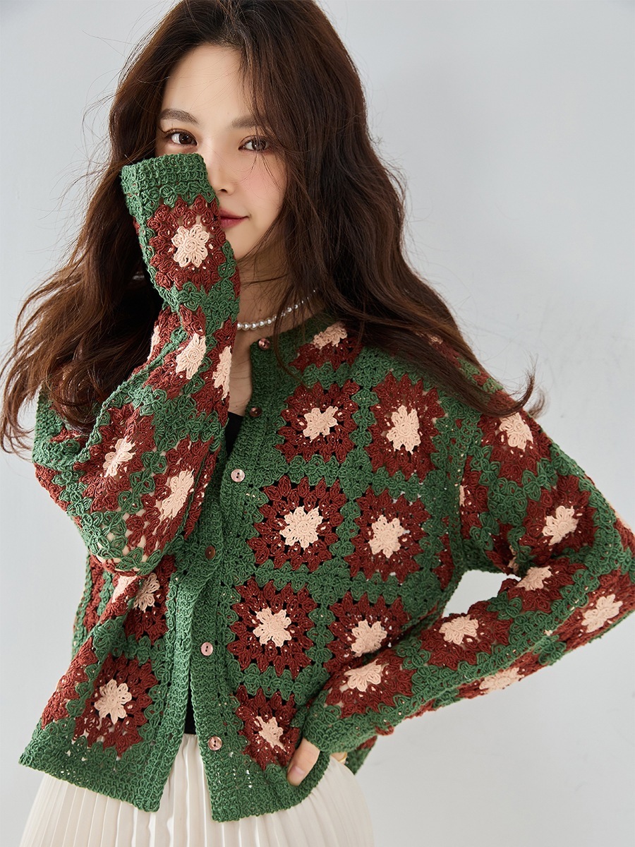 24秋冬新立体鉤花肌理カラー貝殻ボタンレトロだるいセーターコートニットカーディガン女22099