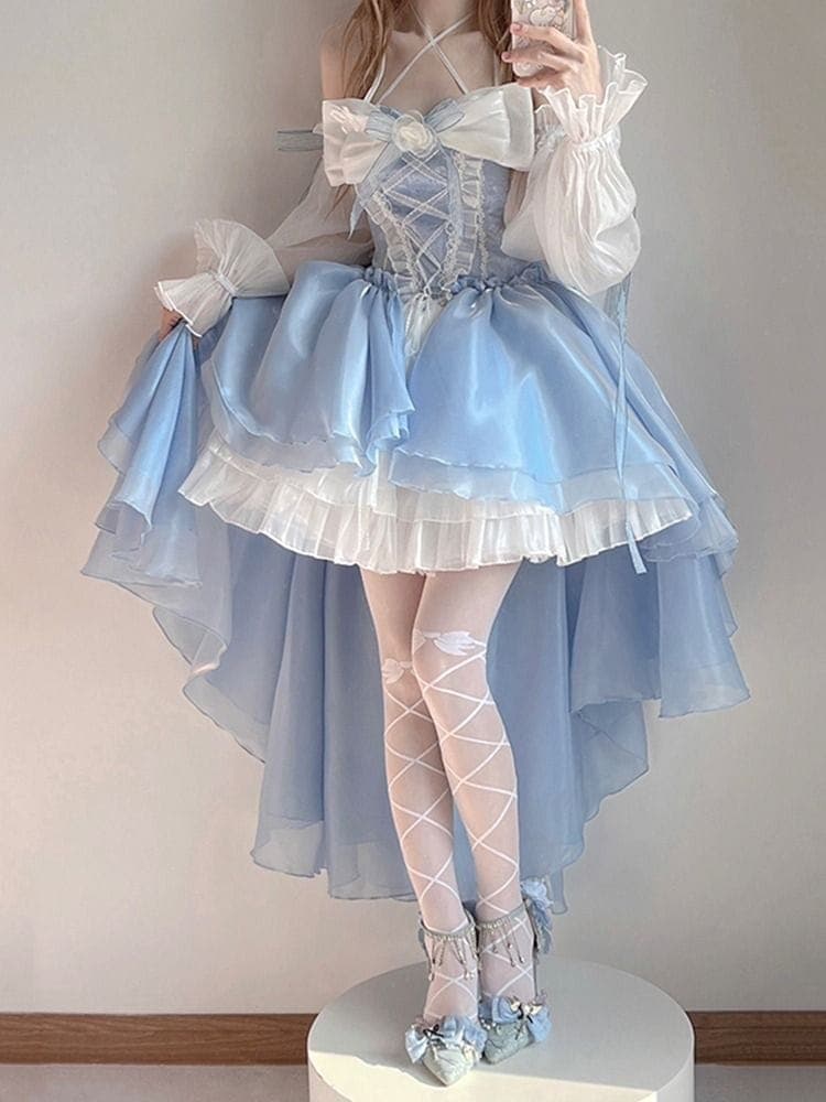 ブルーロリータドレスドレスデザインフロントショートバックロングフラワーウェディング重い大きな弓は王女のスカートを引きずる 5,309円