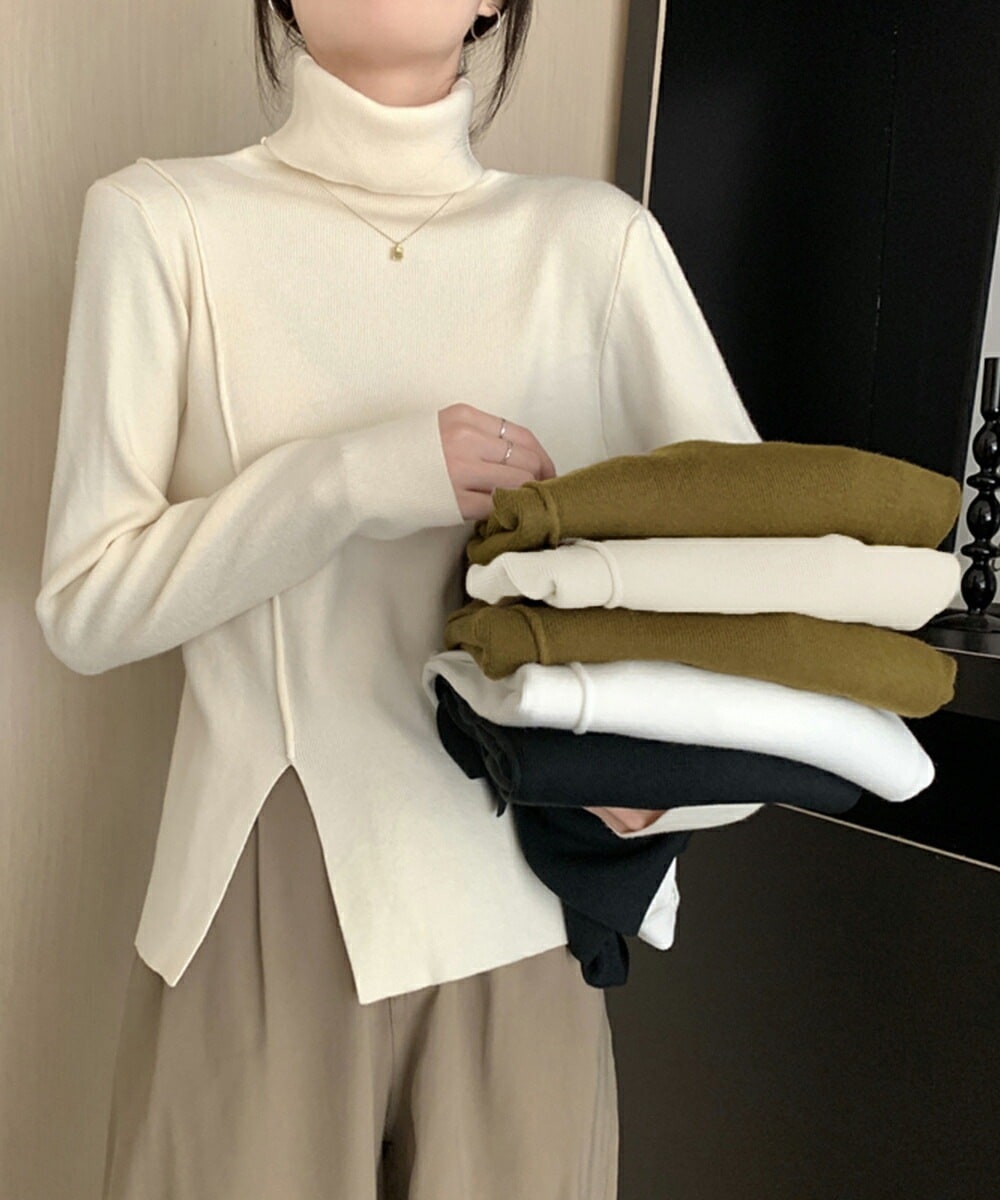 「当店人気商品!」タートルネックニットトップス レディース フロントスリットニット暖かい 薄手セーターシンプル レイヤードインナー長袖 無地ニットソーお洒落 大人可愛いトップス秋冬 97SY-007