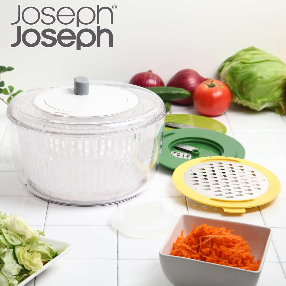 Joseph マルチプレップ サラダツール4ピースセット サラダスピナー スライサー カッター ジョセフジョセフ ボウル ザル 滑り止め付 水切り 手動 回転式 コランダー スピナー