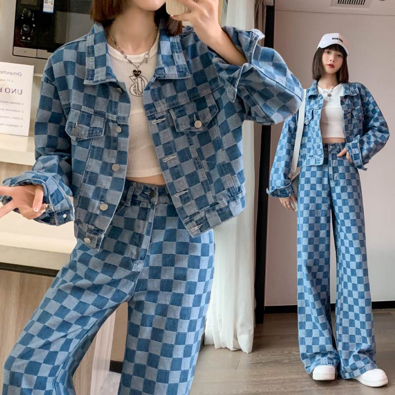 セットアップ デニム ジャケット パンツ チェック柄 ギンガムチェック レディース 長袖 かわいい 大人可愛い カジュアル 大人 おしゃれ お洒落 かっこいい レトロ 大人女子 こなれ感 ラフ ラブリ