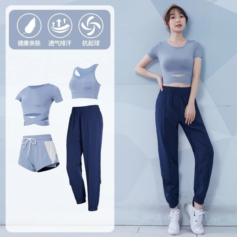4点セットヨガウェアセット女性用ヨガウェア夏のファッション気質スポーツウェア高級タイトフィットトレーニングスウェットシャツモーニングランニングジムウェアセットスポーツウェア