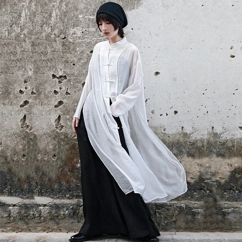 チャイナシャツ ロング チャイナ風トップス uvカット 薄手カーディガン レディース 無地 白 黒 紫外線対策 春夏