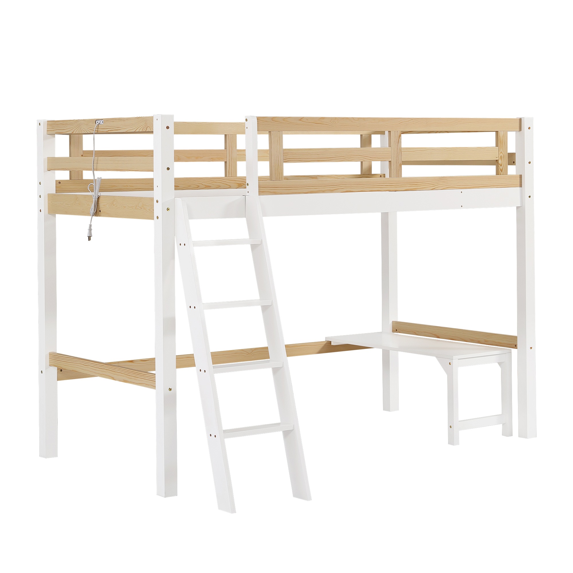 132ロフトベッド シングル はしご 天然パイン材 木製 天然木ベッド ミドルタイプ 高さ150cm ローデスク付き 大人 子供部屋 ベッド シングルベッド142