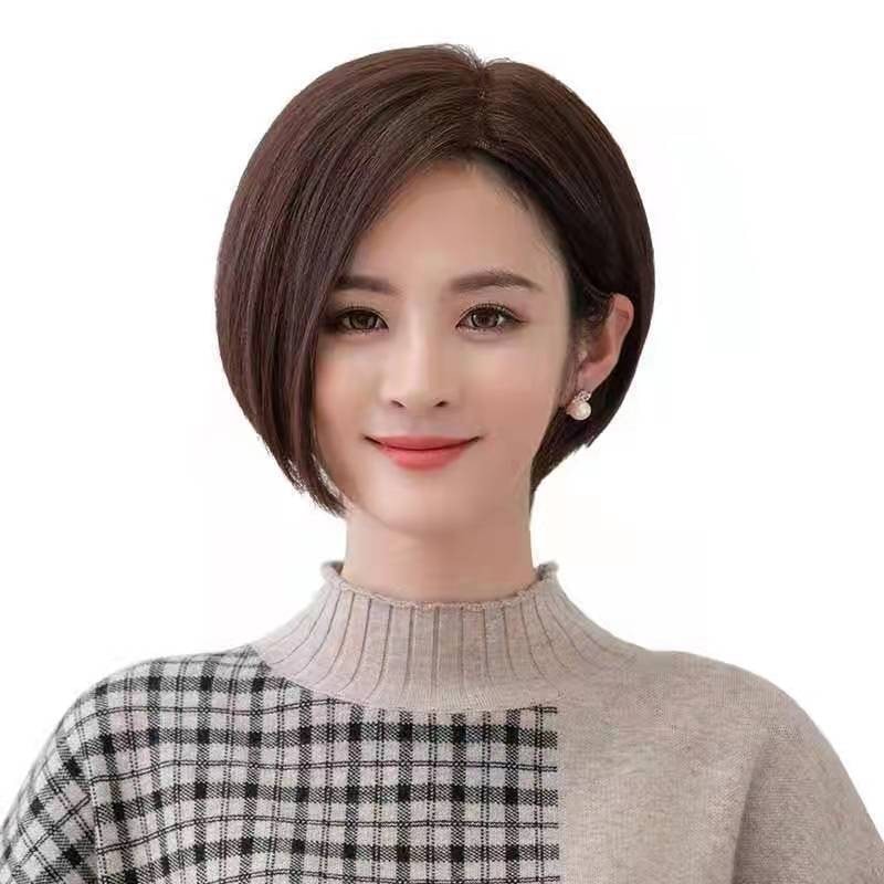 ショートヘアボブの女性向けレディースおしゃれフルリアルヘアウィッグママのおしゃれな横分け前髪リアルヘアセット