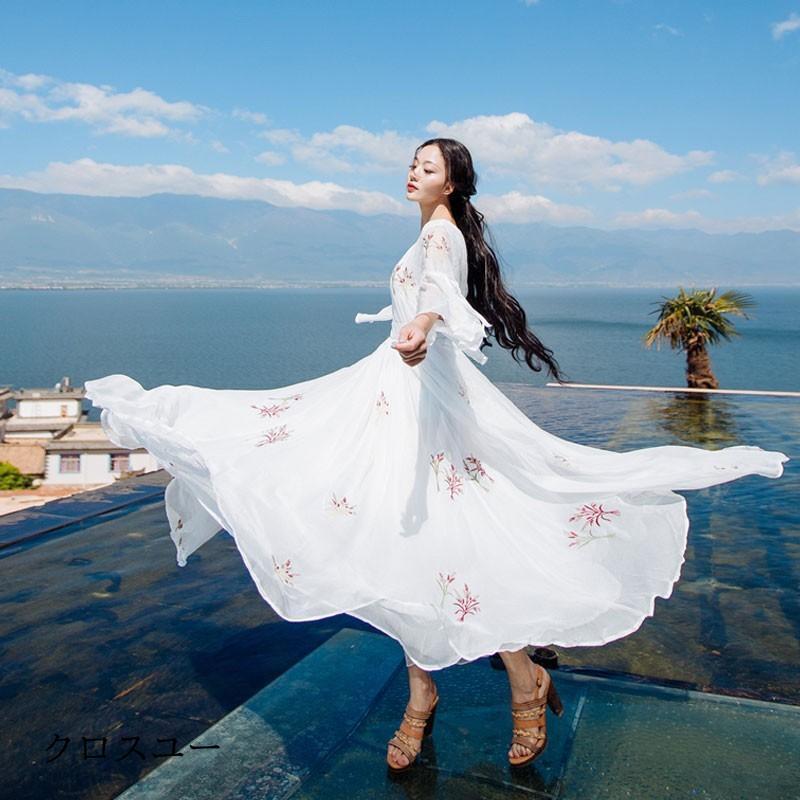 マキシワンピース リゾートワンピ ロング丈 ワンピース 夏 長袖 UVカット レディース 花柄 リゾート ビーチワンピ フレア 海 旅行 ボヘミア