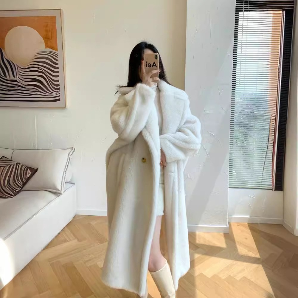 2024冬新作mファミリーホワイトテディベアコート女性用ミドル丈テディアルパカシルエットファーコート女性用
