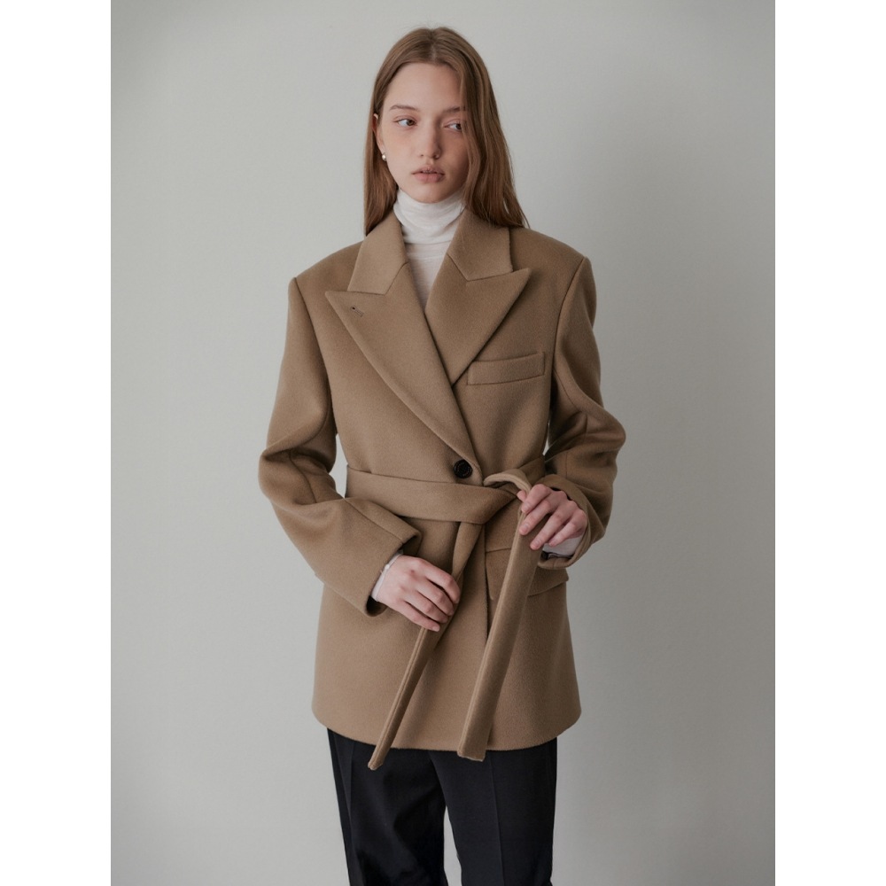 MANNON SIENNA セミダブルブレストカシミアハーフコートサンドベージュ