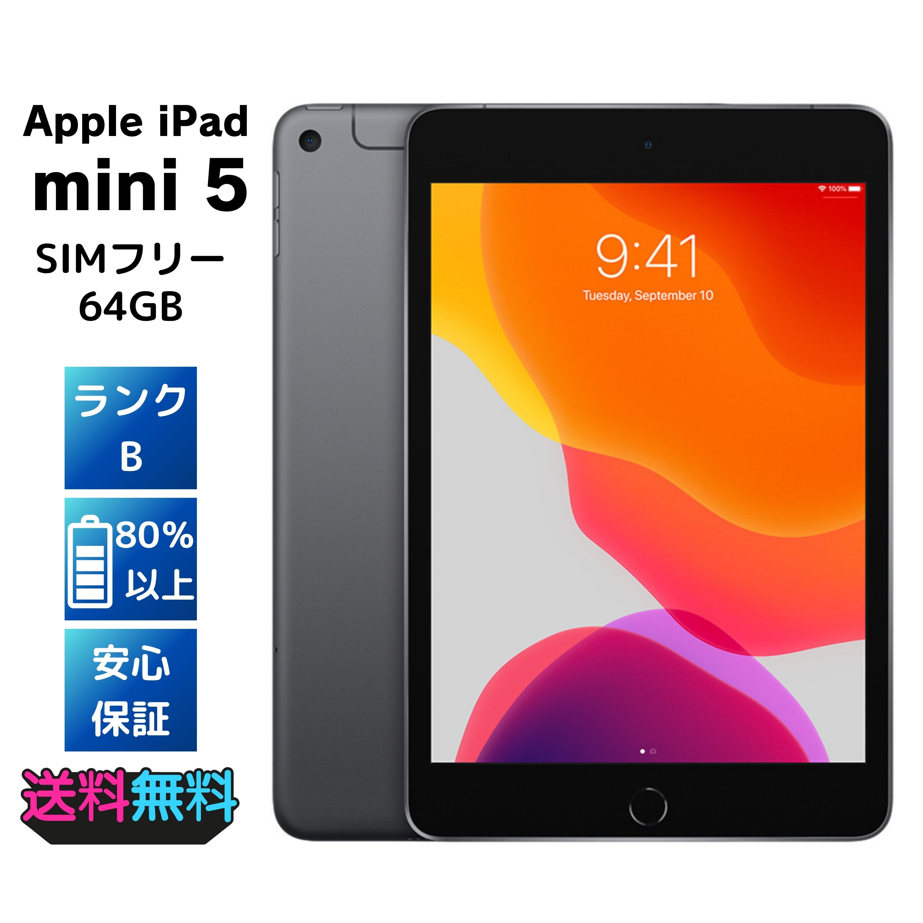 【美品・Bランク】 SIMフリー Apple iPad mini 第5世代 64GB スペースグレイ ACアダプターとケーブル付き