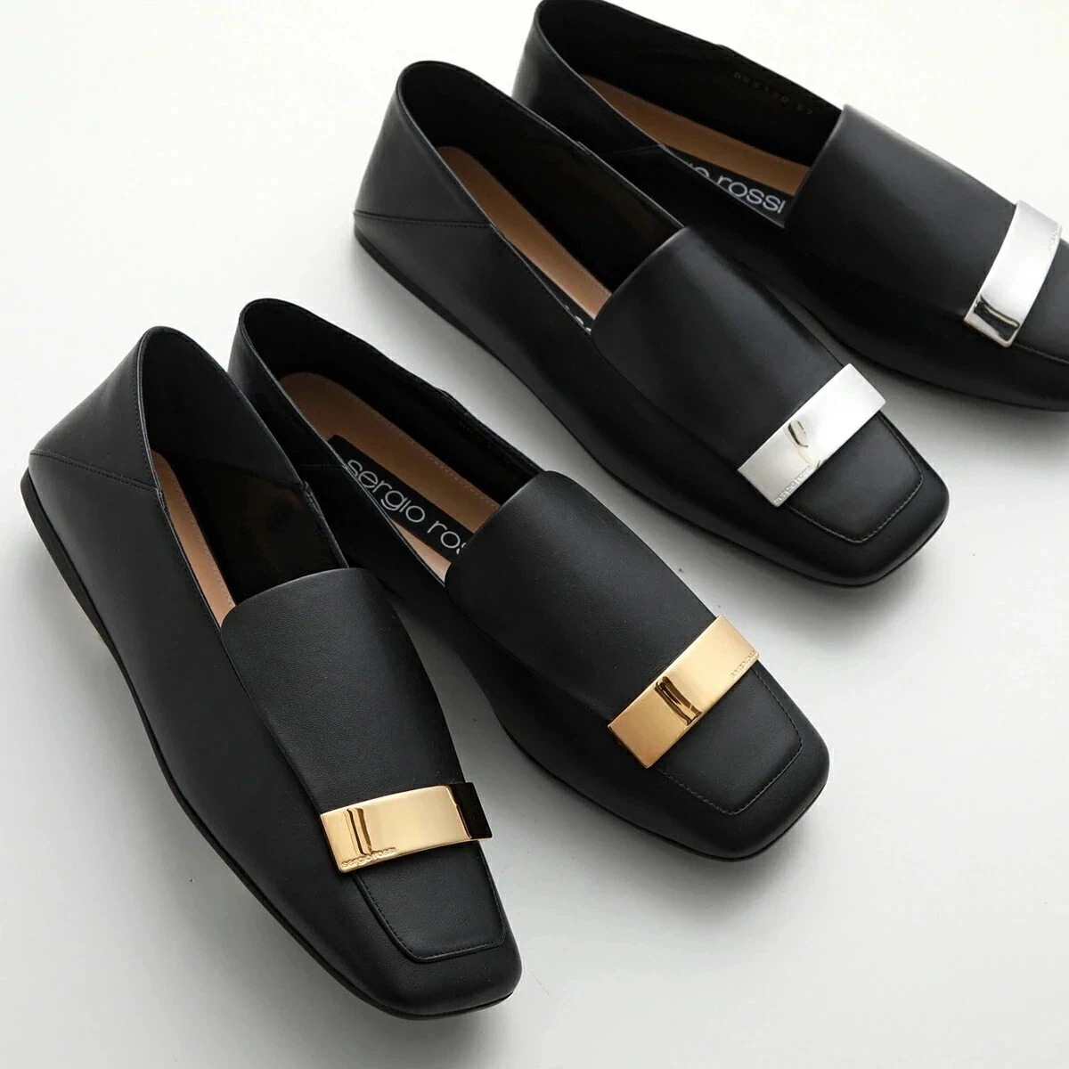 Sergio Rossi セルジオロッシ ローファー sr1 A77990 A83120 MNAN07 レディース メタルプレート ロゴ スクエアトゥ フラットシューズ 靴