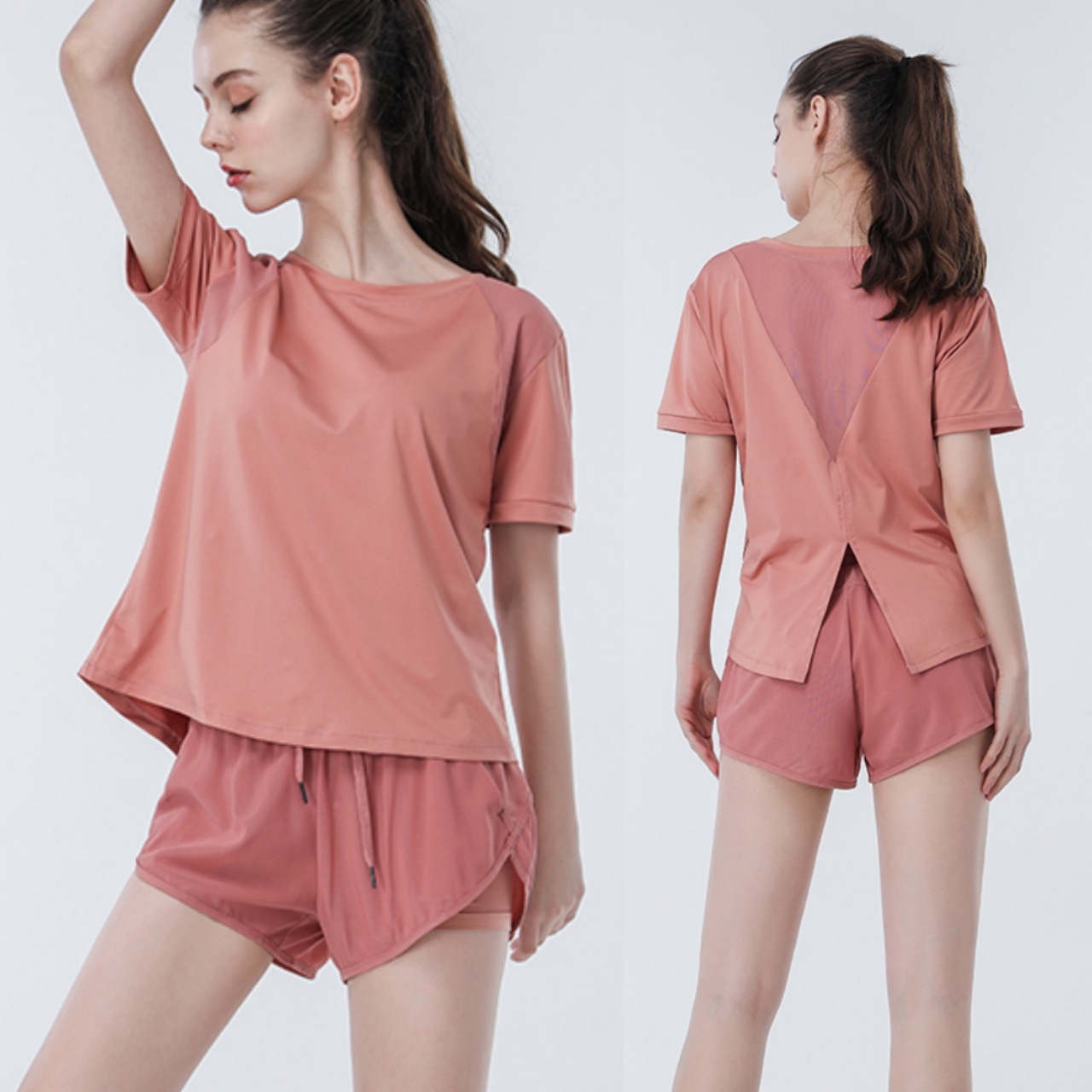 トップス ボトムス セットアップ スポーツウェア ヨガウェア フィットネスウェア ミニ ミニ丈 ショート ショート丈 袖あり 半袖 ラウンドネック バックスリット ポケット ウエストゴム