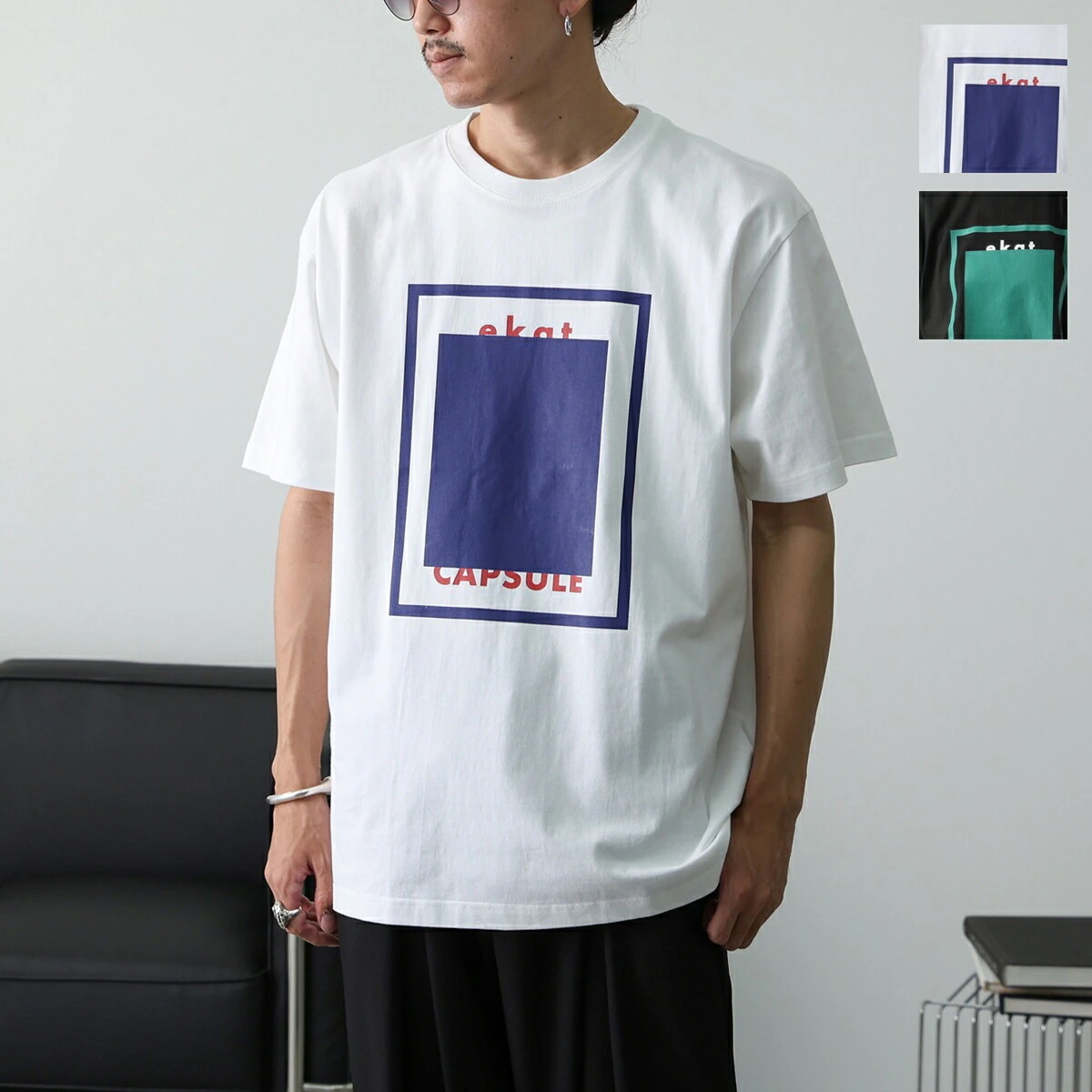 EKAT エカット Tシャツ FRAME WORK PRINT T-SHIRT ETA2503254 メンズ レディース 半袖 カットソー ロゴ プリント クルーネック カラー2色