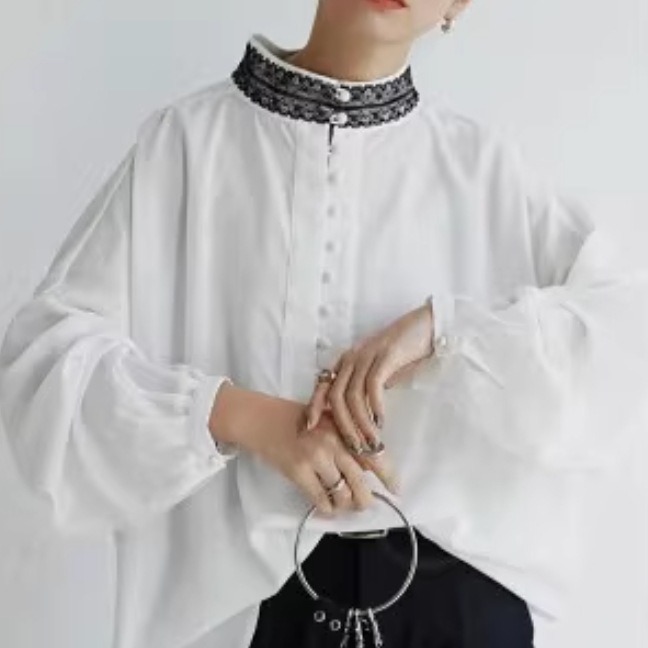 レディース トップス シャツ ブラウス 前開き Tシャツ 長袖 ボリューム袖 萌袖 スタンドカラー ワイド 異国風 ボタン 薄手 かわいい 大人可愛い きれいめ シンプル カジュアル 上品 おしゃれ