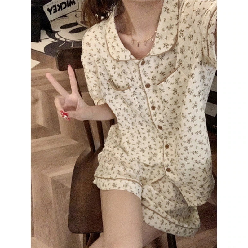 パジャマ レディース 上下セット半袖 夏 韓国ファッション ペアパジャマ/優しいです小碎花 ルームウェア