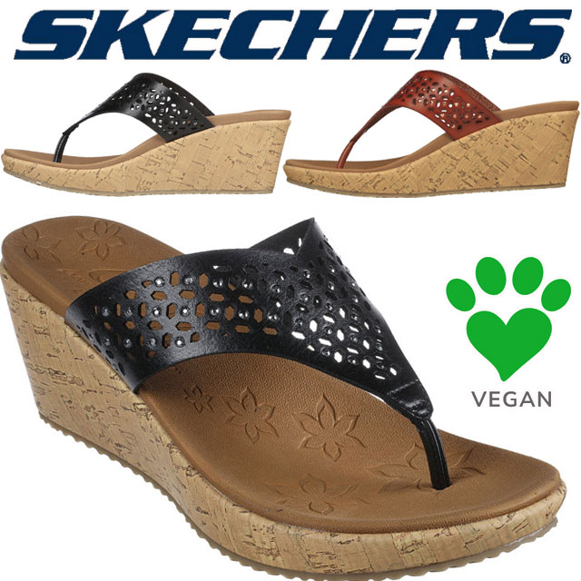 スケッチャーズ レディース 厚底 サンダル ウエッジソール 大きいサイズ トングサンダル 黒 約6cmヒールブラック コルクソール ブラウン 大きめサイズ カジュアルシューズ ビバリー ピア ストロー
