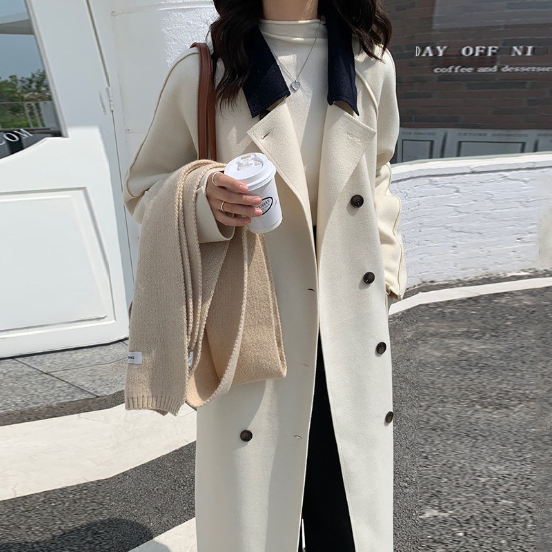 ロングウールコート コントラストカラー ダブルブレスト レディース ミドル丈 カジュアルコート コート ジャケット. アウター チェスターコート 春 秋 冬. オフィス きれいめ カジュアル