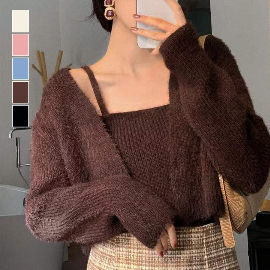 ニットカーディガンキャミセット5色ニットカーディガンレディースアウター秋冬作ミディアム丈羽織りゆったり 4,159円