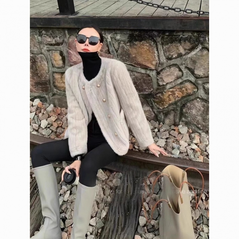 冬の新作ファーコート エコファージャケットフェイクウサギファー 綿入れ セミロング トップス コー ミンク風 ショートコート 小香風 エレガント 仿水貂绒