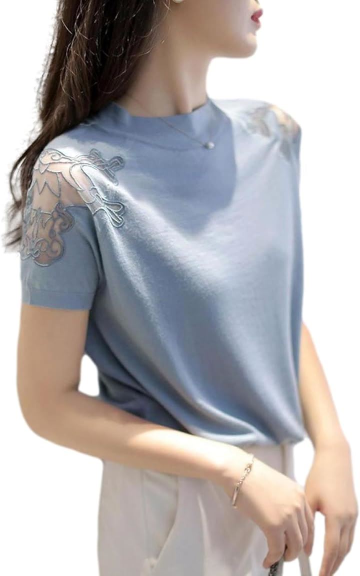 サマーニット レディース トップス 半袖 レース切り替え シースルー ラウンドネック 薄手 涼ニット ラウンドネックニット 清楚系 ニットトップス 大人 すっきり(ブルー, M)