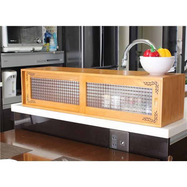 リーフ柄 カウンター上収納 調味料ラックライトブラウン 上置き 引き戸 収納 棚 両面開閉 木製 幅90cm おしゃれ キッチン 完成品