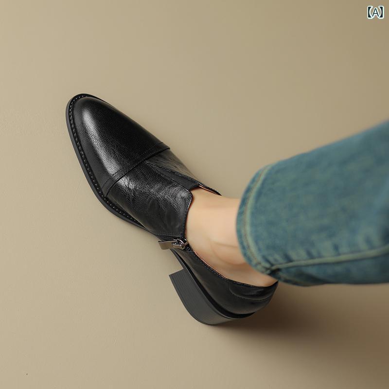 ローファー レディース オフィス カレッジ 通勤 通学 仕事 レトロ 英国 小さい 革靴 女性 春秋 スタイル シープスキン ソフトレザー 深口 シングル シューズ 厚手 ヒール ミディアム ヒール