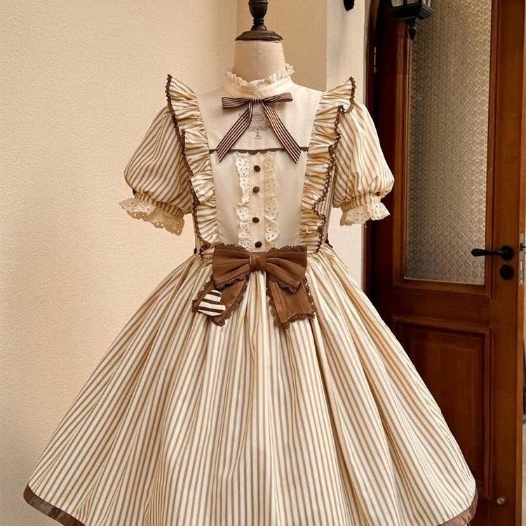 ロリータチョコレートデイリーブライドOPリボンストライプロリータスカートプリンセススカートロリータスウィート