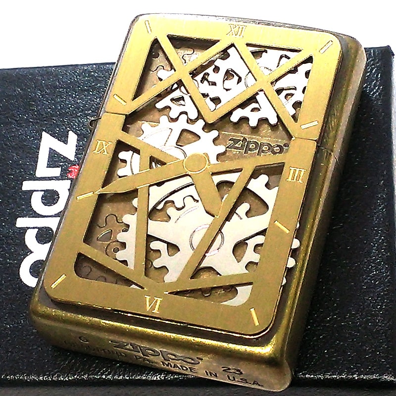 ZIPPO ギアメタル ブラス 可動式メタル スケルトン 古美仕上げ ジッポ ライター ロゴ 歯車 アンティーク 時計 文字盤 ゴールド 珍しい かっこいい おしゃれ メンズ プレゼント ギフト