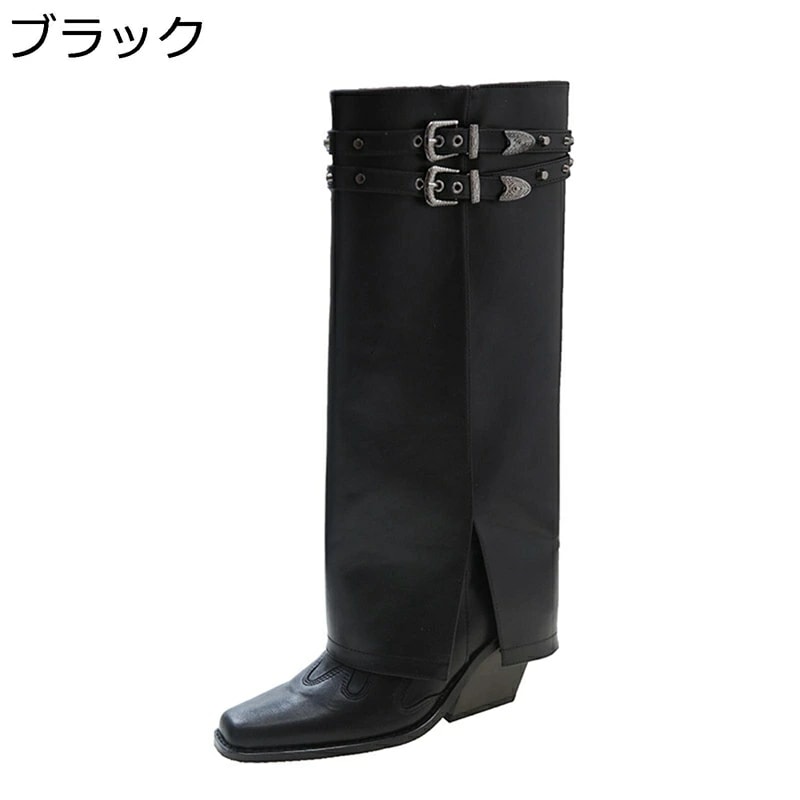 ロングブーツ レディース ウェスターブーツ ポインテッドトゥ パンク系 ゴシック ラック ベルト飾り ハイヒール 長ブーツ 長靴 カジュアル 粗いかかと 撥水 原宿風 ギャル風 8,281円