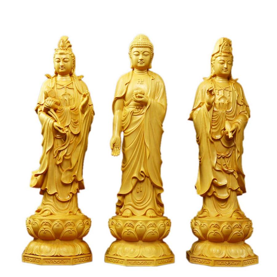 三仏像 柘植木西方三聖：阿弥陀如来・観音菩薩・大勢至菩薩木彫り蓮台置物（高さ20cm×巾6cm×奥行5.5cm）
