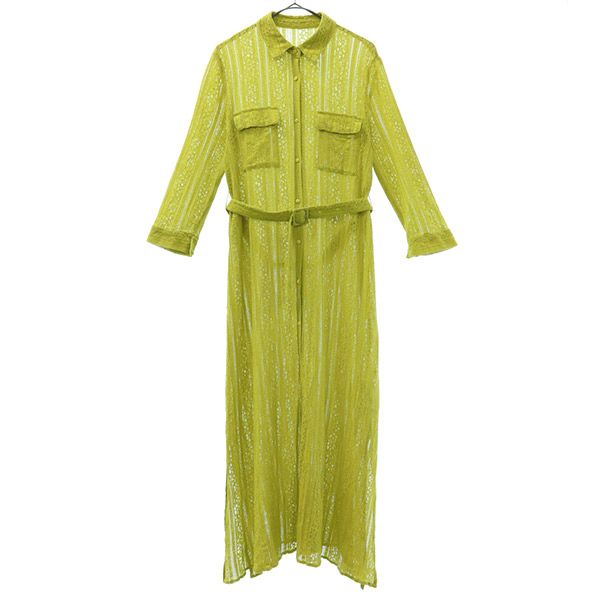 レース 長袖 ニット ロングワンピース グリーン レディース